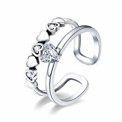 Kokoma Dainty Love Heart Two Row Statement Open Rings Sterling Silver 925 Cubic Zirconia Diamond Endless Love Adjustable Eternity Promise Wedding Engagement Ring Stacking