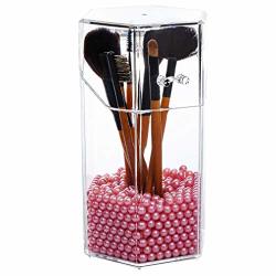 Yoelrsa Cosmetic Brush Holder With Free Pearl Transparent Acrylic Makeup Box With Dustproof Cover Large Size Hexagon Pink