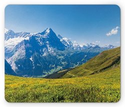 Lunarable Landscape Mouse Pad Peaks Of Swiss Alps In Sunny Summer Day Flowers Valley Nothern Rural Print Deco Standard Size Rectangle Non-slip Rubber Mousepad