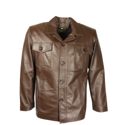 Men's Leather Button Jacket - Brown