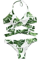 Cupshe Fashion Women's Green Leaves Printing Back Cross Halter Bikini Set Beach Swimwear M