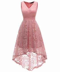 Aibwet 1950'S Women's Vintage Floral Lace V Neck Sleeveless A-line High Low Asymmetric Lace Cocktail Party Wedding Party Bridesmaid Maxi Swing Dress S PINK1