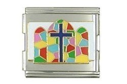 Mega Italian Charm Or Connector 18mm - Stained Glass Window With Cross - Great Gift