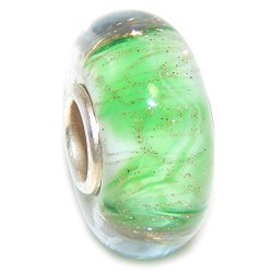 Pro Jewelry 925 Solid Sterling Silver White And Green With Gold Sparkles Glass Charm Bead