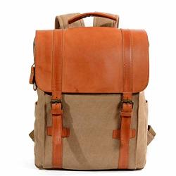 Man Canvas And Leather Casual Backpack 6820-P Khaki