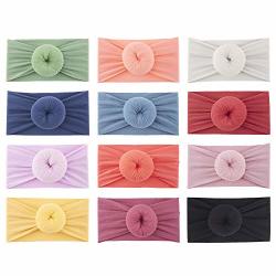 12 Pack Elastic Stretchy Super Soft Nylon Wide Donut Top Knot Headbands Hairband Turban Headwraps Hair Bows Accessories For Kids Toddler Infant Newborn Baby Girl Bulk