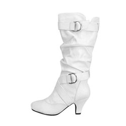 ROS1OCK Womens Boots Solid Color Belt Buckle Mid Boots Heels Artificial Leather Waterproof Winter Boots White