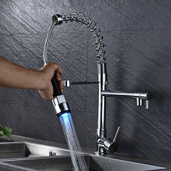 Rozin Chrome Finish Single Hole Spring Kitchen Sink Faucet LED Light Spray Mixer Tap
