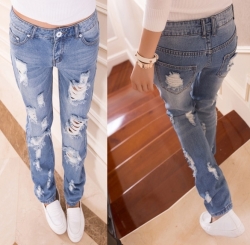 Light Blue Fashion Women Casual Slim Hole Ripped Hollow Out Denim Pants Jeans