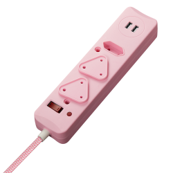 Switched 3 Way Surge Protected Multiplug With Dual 2.4A USB Ports 0.5M Braided Cord Pink