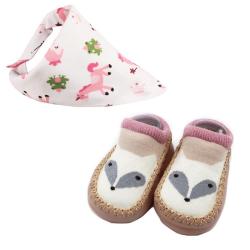 Baby Booties Set Of Two With Bib Pink brown 12 Cm