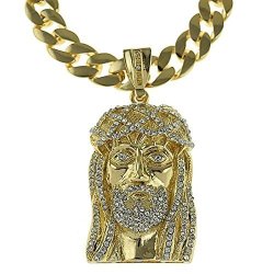 Bling Cartel Jesus Piece Iced Pendant Gold Finish 33" Chain Cuban Link 15 Mm Hip Hop Necklace