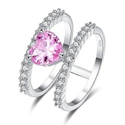 Veunora 925 Sterling Silver Created 8X8MM Heart Pink Topaz Filled Love Band Ring For Women