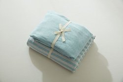 4PCS 100% Cotton Soft Jersey Knitted Bedding Sets Aqua Blue Striped Duvet Cover Solid Color Fitted Sheet Queen