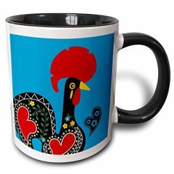 3DROSE 160660_4"THE"THE Black Portuguese Rooster On A Blue Background With A Heart" Two Tone Mug 11 Oz Multicolor