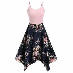 SHAMROCK58 Plus Size Fashion O-neck Womens Floral Print Asymmetric Camis Handkerchief Dress Pink XXXL