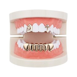 Lureen 2PC Rose Gold Cross Heart Single Fangs Teeth And 6 Bottom Grillz Combo Rose Gold
