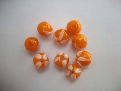 Orange With White Round Fancy Glass BEADS-4PC
