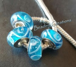 European Style - 925 Silver Core - Ooak Murano Glass Seascape Beads - Sky Blue And White