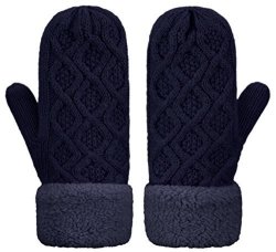 Il Caldo Womens Knitted Mittens Winter Twist Thick Plush Edge Warm Outdoor Gloves Blue