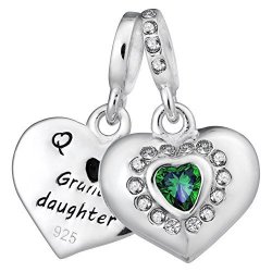 925 Sterling Silver Grandmother & Granddaughter Love Heart Green Cz Dangle Bead For European Charm Bracelets