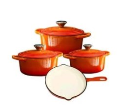 - 7 Piece Cast Iron Cookware Pots - Orange