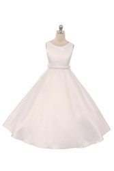 Long Satin First Communion Dress And Flower Girl Dress - Classic Pearl Trim Dress - Size 8 Ivory