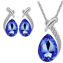 Keliay Crystal Pendant Silver Plated Chain Necklace Stud Earring Jewelry Set Dark Blue