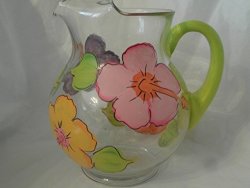 Hand Painted Multi Hibiscus Round "kool Aid" Style Pitcher. Made In The Usa.