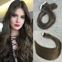 Reysaina 20" Seamless Double Side Human Hair Tape In Extensions 2 Darkest Brown Remy Brazilian Glue In Human Hair Extensions 20 Pcs 40 Gram Per Package