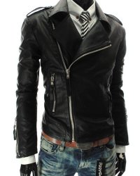 Men's Black Pu Men Leather Clothing Jacket - L