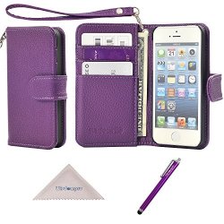 Iphone Se 5S 5 Case Wisdompro Premium Pu Leather 2-IN-1 Protective Folio Flip Wallet Case With Multiple Credit Card Holder Slots And Wrist Lanyard