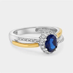 Yellow Gold & Sterling Silver Diamond & Created Blue Sapphire Crossover Ring
