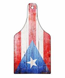 Lunarable Puerto Rico Cutting Board Rustic Wooden Pattern Planks With Old Weathered Flag Motif Decorative Tempered Glass Cutting And Serving Board Wine Bottle Shape
