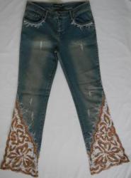 Designer Jean - Stonewashed Denim With Colourful Lace Inserts - Size 10 Bootcut