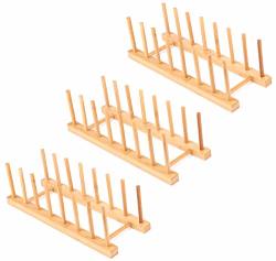 Lawei 3 Pack Bamboo Wooden Dish Rack - Plate Rack Stand Pot Lid Holder Kitchen Cabinet Organizer For Bowl Cup Cutting Board And More