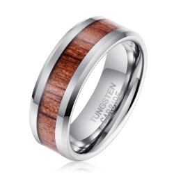 Men's Rosewood Inlay Silver Tungsten Ring R-161 - 14