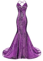 DYS Women's Sequins Mermaid Prom Dress Spaghetti Straps V Neck Backless Gowns Plum Us 14