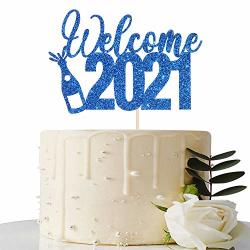 Royal Blue Glitter Welcome 2021 Cake Topper - Hello 2021 Cheers To 2021 Happy New Year Cake Topper Merry Chirstmas Holiday Party Decoration Supplies