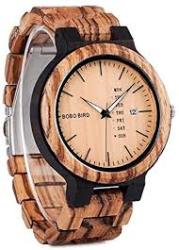 Bobo Bird Men's Zebra Wood Quartz Date Wristwatch With Week Display {a:custom_size} {a:custom_color}