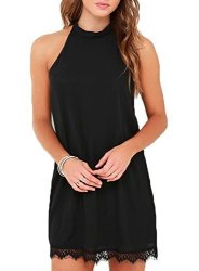 Fantaist Women's Halter Neck Scalloped Lace Trim Casual MINI Little Black Dress S FT610-BLACK
