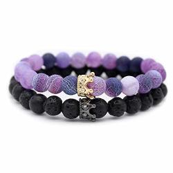 Poshfeel 8MM Natural Stone Cz Micro Pave Crown King Queen Beads His And Hers Couple Bracelet Black Matte Agate & Purple Weather Stone 7.5