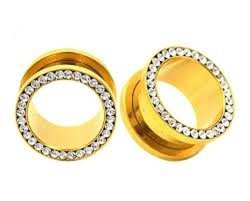 24K Gold Anodized Over Surgical Steel Screw-on Plugs gauges W Clear Diamond Cz Stones 2 Piece 00G 10MM