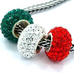 92.5 Sterling Silver "3 Beads Christmas Set - Red Green White Rhinestone" Charm Bead For Snake Chain Charm Bracelets