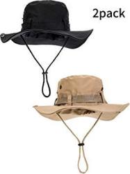 2 Pieces Cotton Safari Hat Wide Brim Fishing Cap Foldable Boonie Hat Double-sided Outdoor Sun Hat For Men And Women Black Khaki