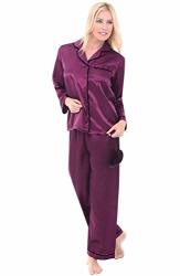 Alexander Del Rossa Womens Satin Pajamas Long Button-down Pj Set And Mask XS Plum With Black Piping A0750PBPXS