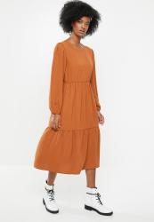 BLAKE Airflow Soft Waisted Tiered Midi Dress With Balloon Sleeve-rust