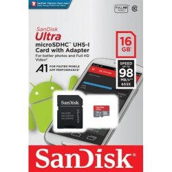 SanDisk Ultra 16GB Micro Sd + Sd Adapter + Memory Zone App 98MB S A1 Class 10 Uhs-i