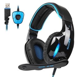 Sades Newest SA902 7.1 Channel Virtual Surround Sound USB Gaming Headset Over-ear Headphones With Noise Isolating MIC LED Light For PC Mac Computer Gamers Black Blue