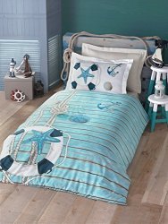 Bekata Sea Quilt duvet Cover Set - Nautical Bedding Set Lifebuoy Anchors Shell Starfish Themed 100% Cotton Single twin Size Blue White Blue Fitted Sheet Included
